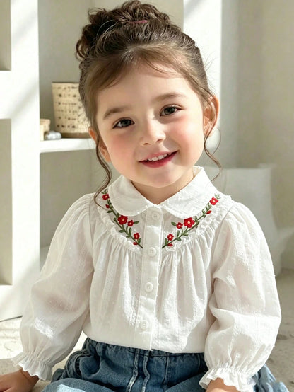 Vintaside Kids Baby Girl Casual Cute Floral Embroidered Collar Long Sleeve Blouse Top, Suitable For Spring, Summer, Autumn, Daily Wear