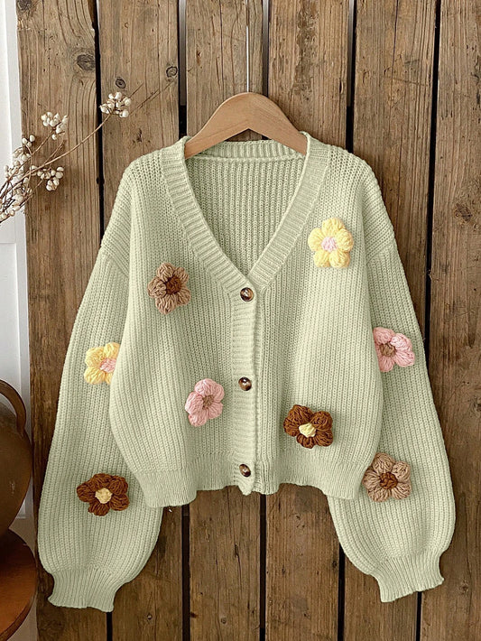 Vintaside Kids Tween Girls Sweet & Cute 3D Colorful Floral Apricot Autumn/Winter Cardigan Sweater