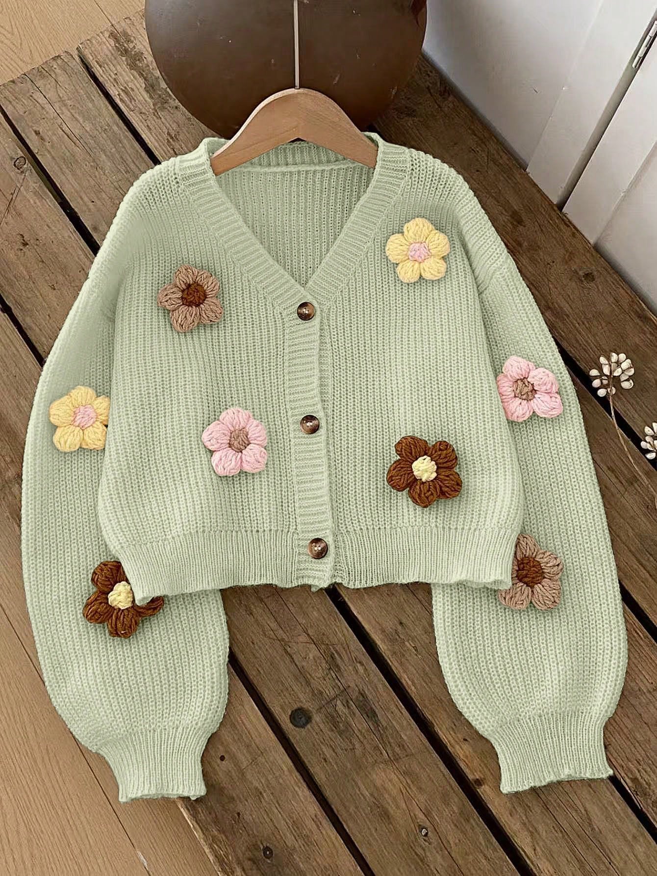 Vintaside Kids Tween Girls Sweet & Cute 3D Colorful Floral Apricot Autumn/Winter Cardigan Sweater