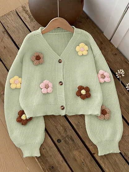 Vintaside Kids Tween Girls Sweet & Cute 3D Colorful Floral Apricot Autumn/Winter Cardigan Sweater