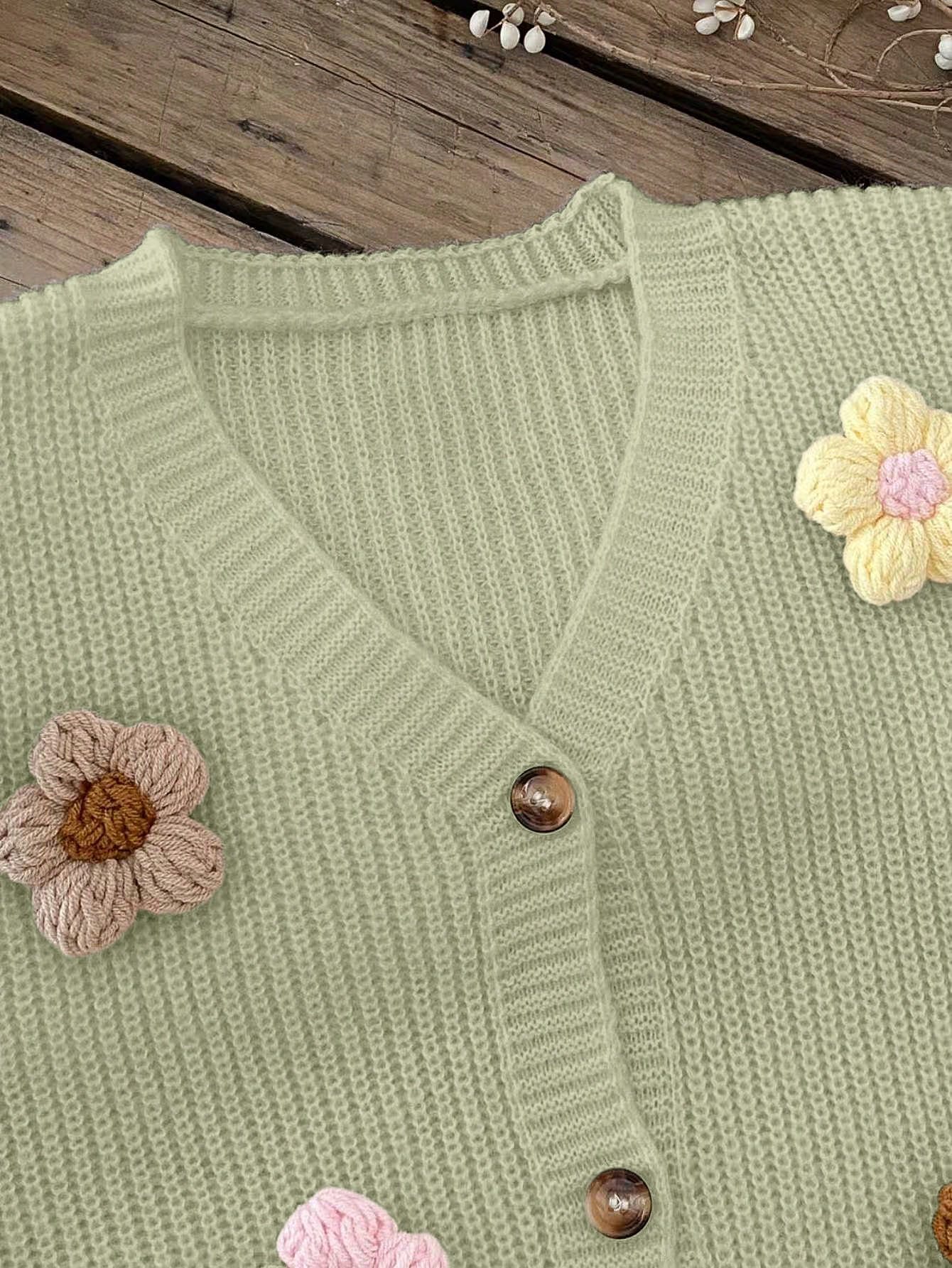 Vintaside Kids Tween Girls Sweet & Cute 3D Colorful Floral Apricot Autumn/Winter Cardigan Sweater