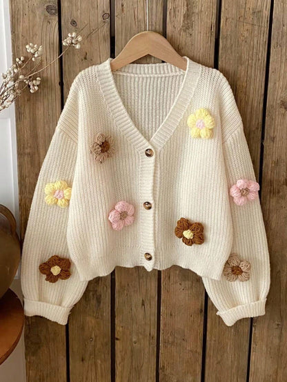 Vintaside Kids Tween Girls Sweet & Cute 3D Colorful Floral Apricot Autumn/Winter Cardigan Sweater