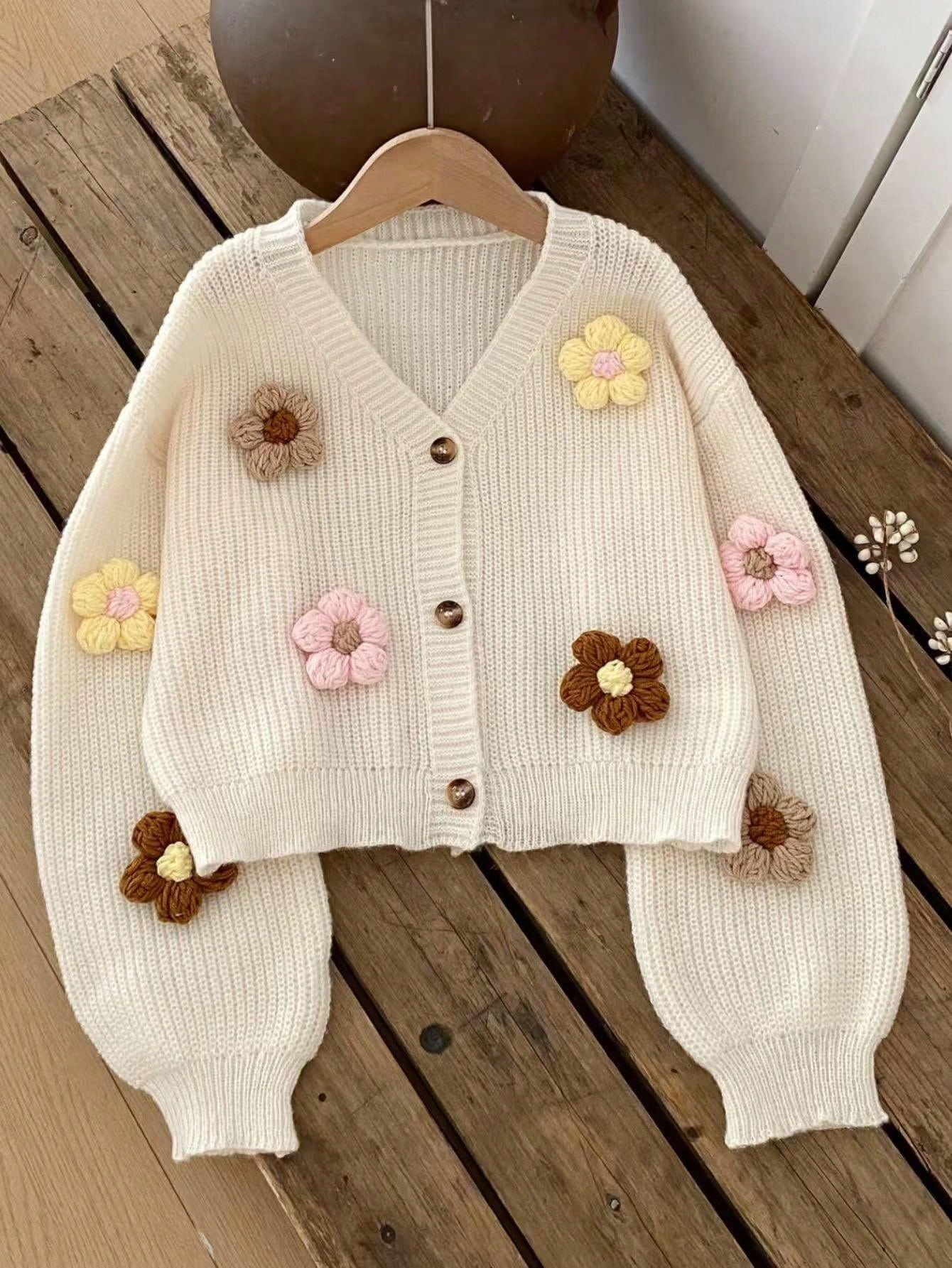 Vintaside Kids Tween Girls Sweet & Cute 3D Colorful Floral Apricot Autumn/Winter Cardigan Sweater