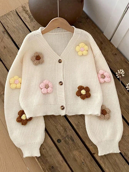 Vintaside Kids Tween Girls Sweet & Cute 3D Colorful Floral Apricot Autumn/Winter Cardigan Sweater