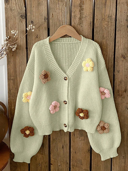 Vintaside Kids Tween Girls Sweet & Cute 3D Colorful Floral Apricot Autumn/Winter Cardigan Sweater