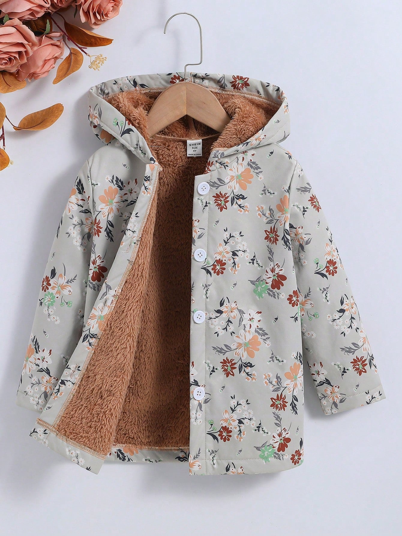 Vintaside Kids Young Girl Floral Print Teddy Lined Hooded Coat,Holiday,Summer,Travel