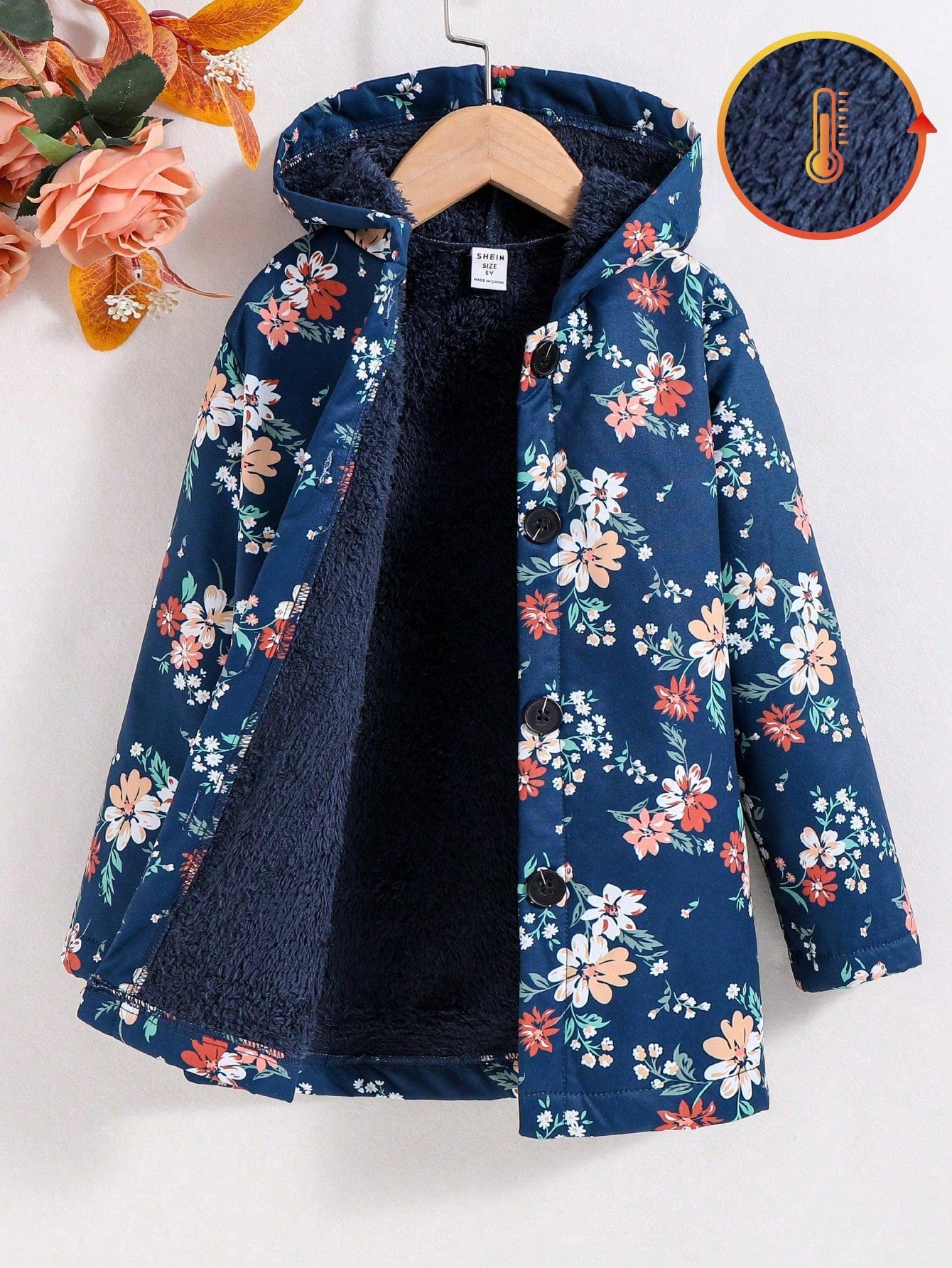 Vintaside Kids Young Girl Floral Print Teddy Lined Hooded Coat,Holiday,Summer,Travel