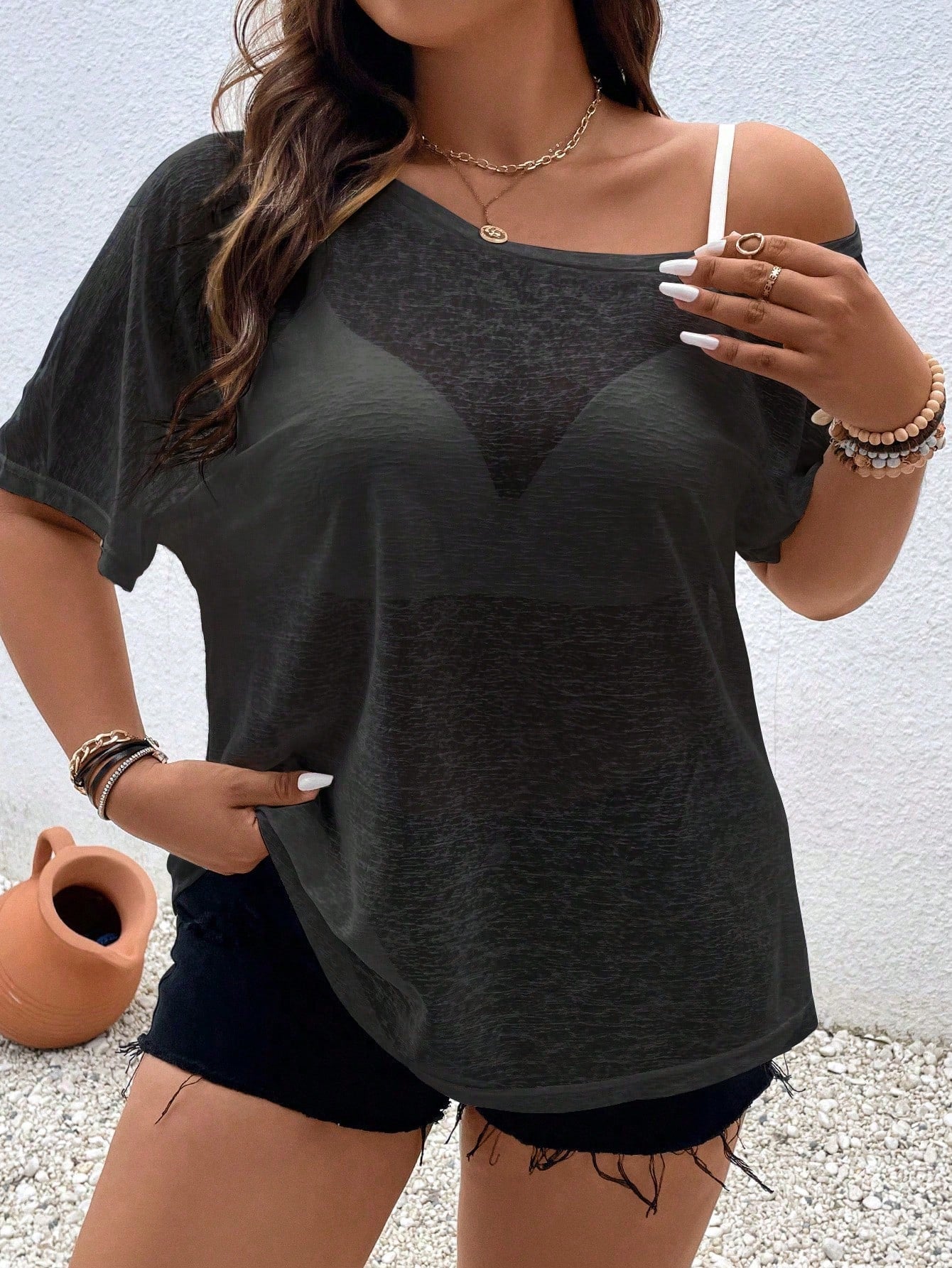Vionelle Plus Solid Asymmetrical Neck Batwing Sleeve Sheer Top Without Bra