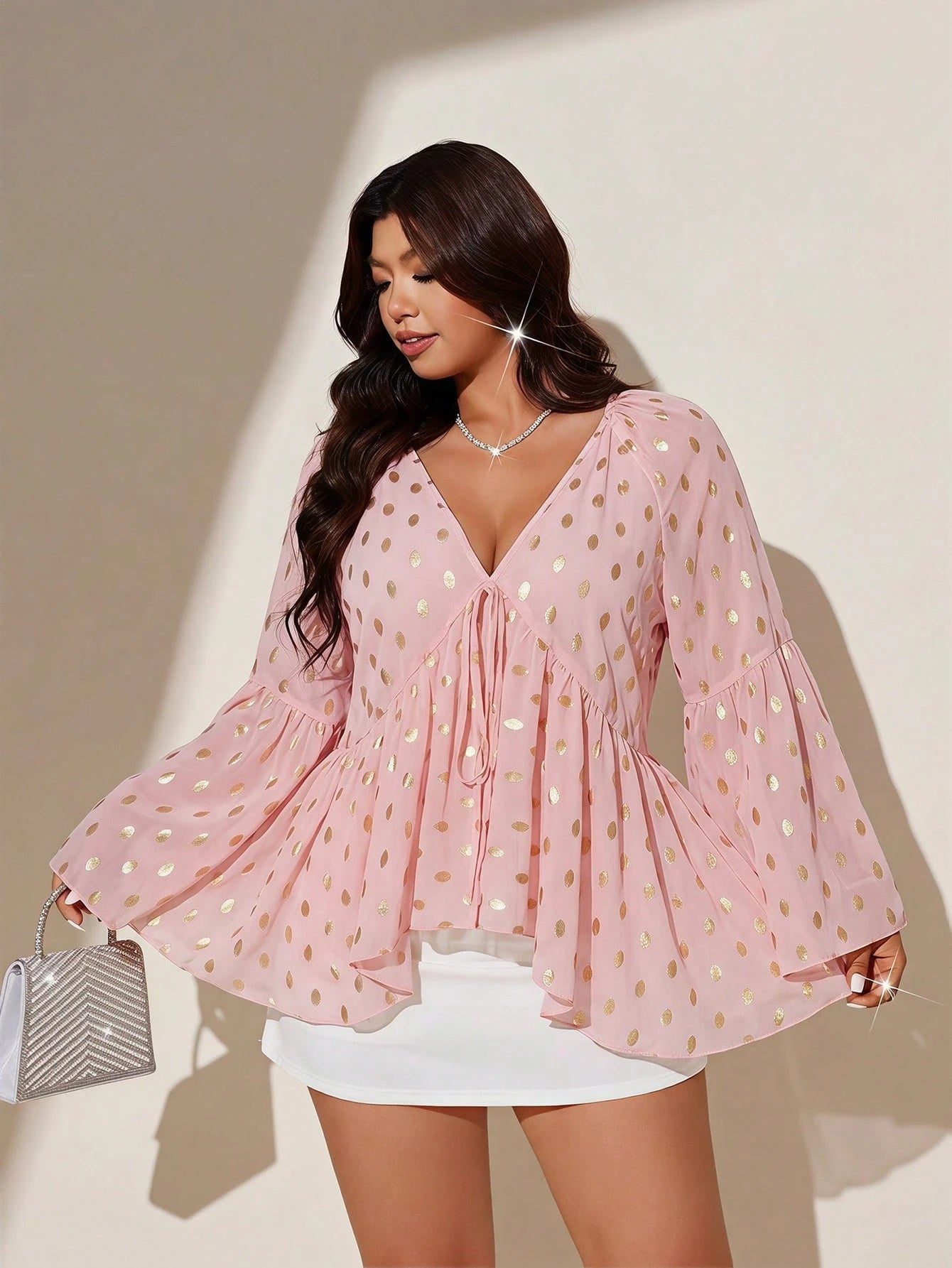 Viva Relle Plus Size Women's Sheer Chiffon Pink Foil Polka Dot V-Neck Batwing Flare Sleeve Loose Short Blouse Shirt For Outing, Commute, Party, Gathering, Daily Wear