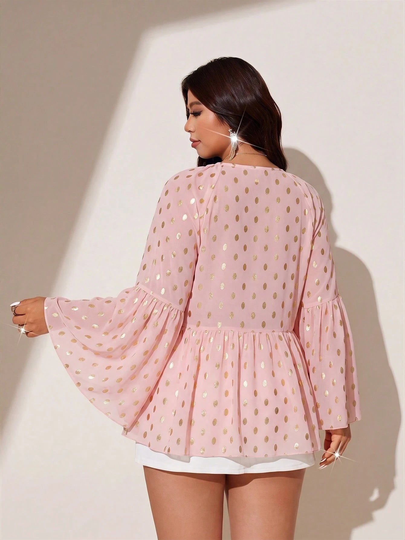 Viva Relle Plus Size Women's Sheer Chiffon Pink Foil Polka Dot V-Neck Batwing Flare Sleeve Loose Short Blouse Shirt For Outing, Commute, Party, Gathering, Daily Wear
