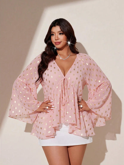 Viva Relle Plus Size Women's Sheer Chiffon Pink Foil Polka Dot V-Neck Batwing Flare Sleeve Loose Short Blouse Shirt For Outing, Commute, Party, Gathering, Daily Wear