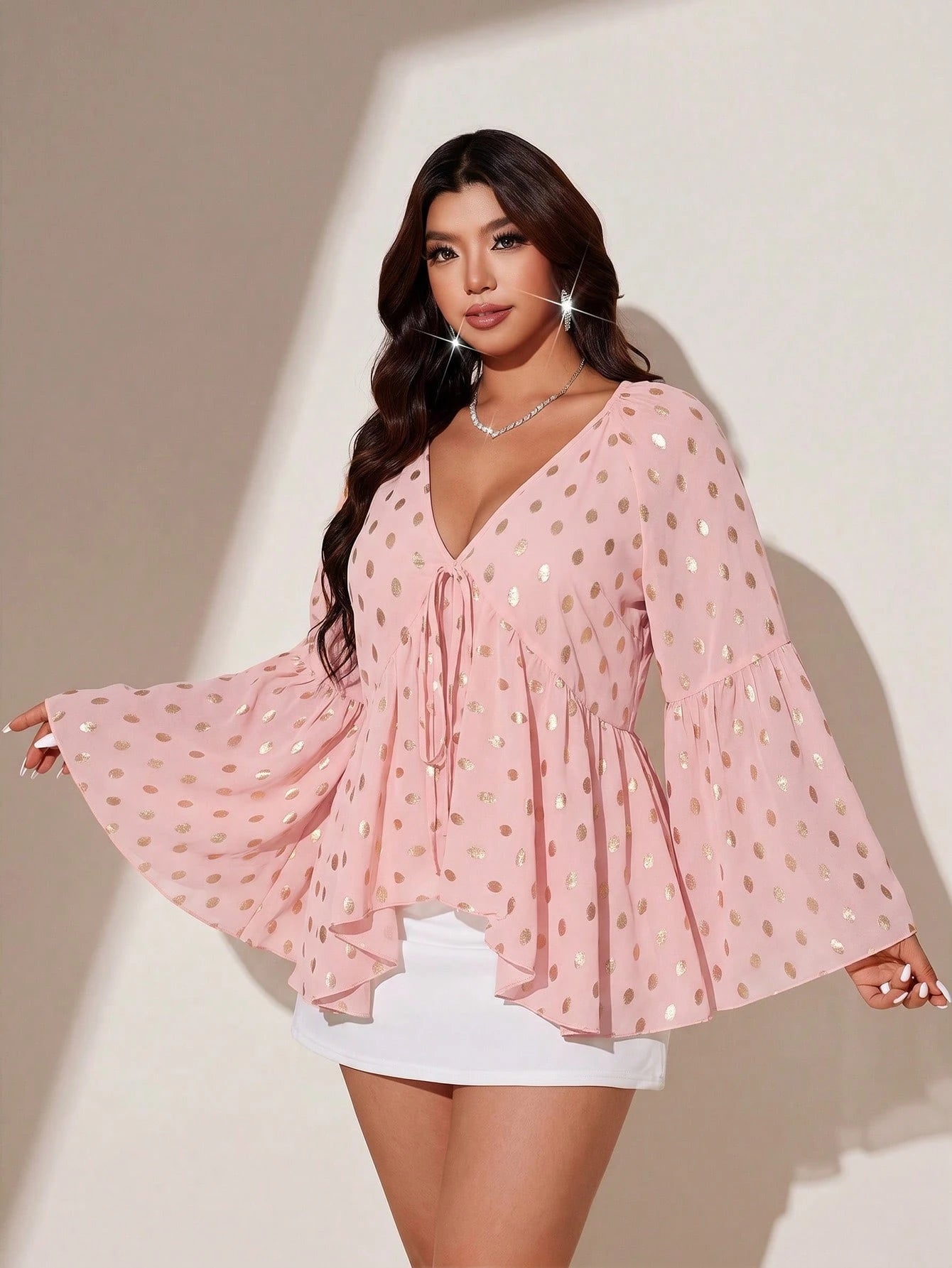 Viva Relle Plus Size Women's Sheer Chiffon Pink Foil Polka Dot V-Neck Batwing Flare Sleeve Loose Short Blouse Shirt For Outing, Commute, Party, Gathering, Daily Wear