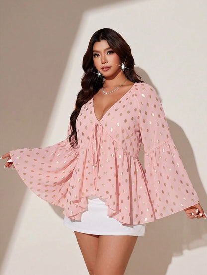 Viva Relle Plus Size Women's Sheer Chiffon Pink Foil Polka Dot V-Neck Batwing Flare Sleeve Loose Short Blouse Shirt For Outing, Commute, Party, Gathering, Daily Wear