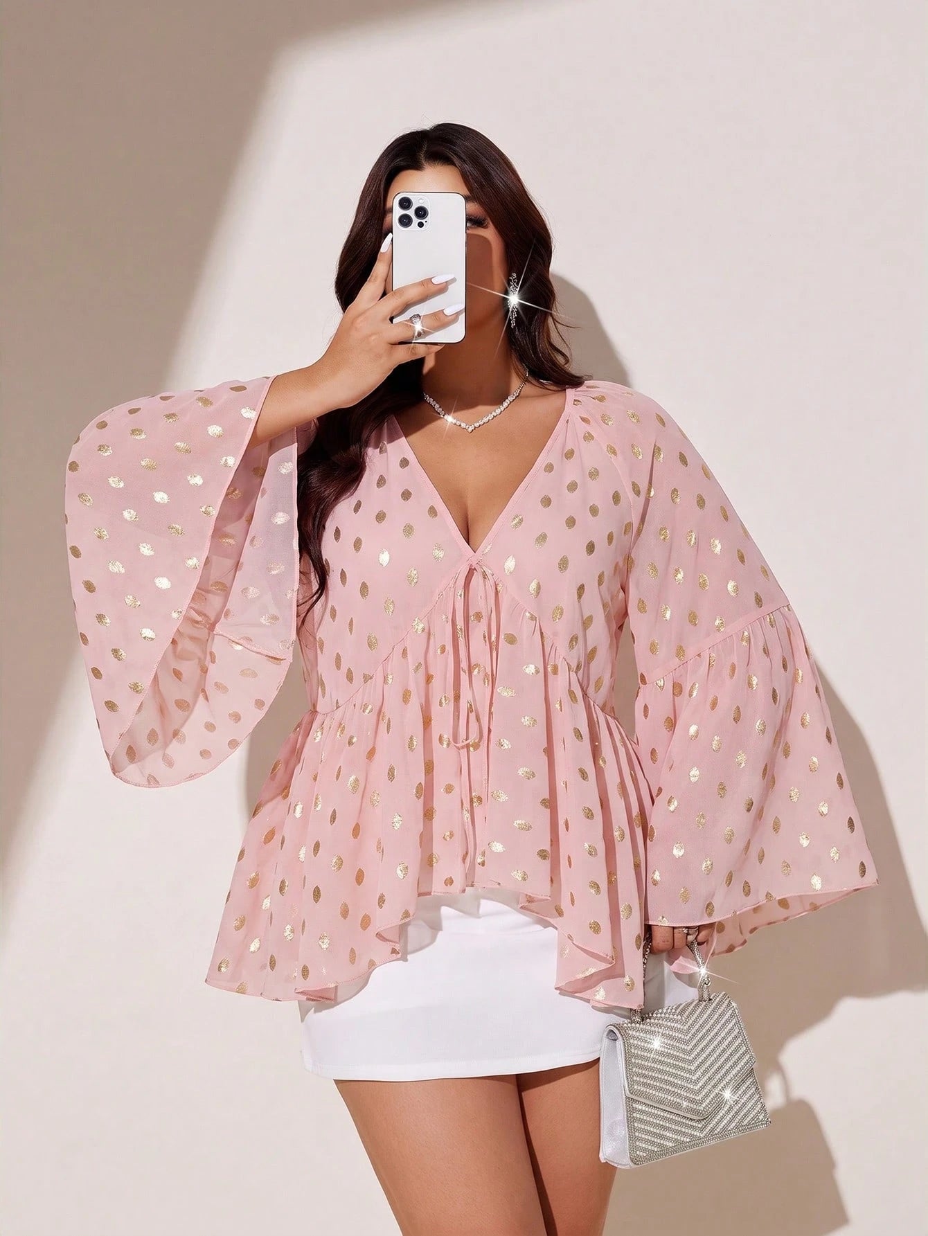 Viva Relle Plus Size Women's Sheer Chiffon Pink Foil Polka Dot V-Neck Batwing Flare Sleeve Loose Short Blouse Shirt For Outing, Commute, Party, Gathering, Daily Wear