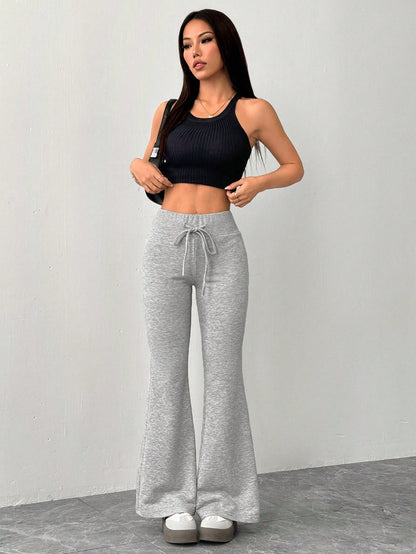 Vivamere Women's Casual Gray Knitted Elastic Waist Flared Sweatpants,Petite Women
