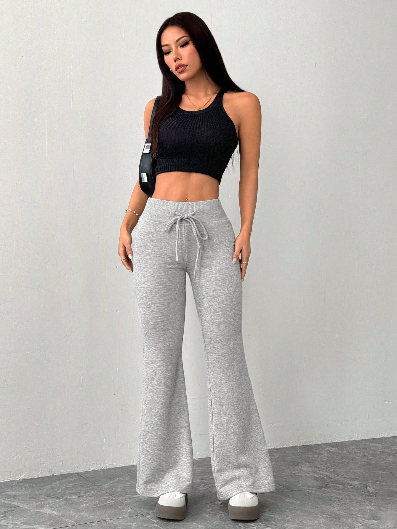 Vivamere Women's Casual Gray Knitted Elastic Waist Flared Sweatpants,Petite Women