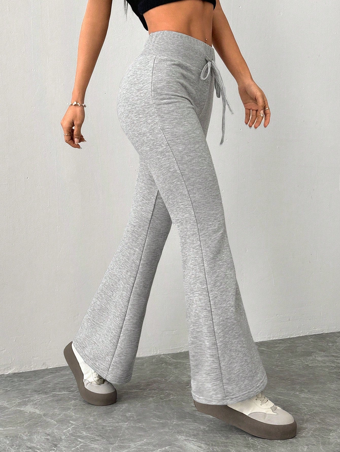 Vivamere Women's Casual Gray Knitted Elastic Waist Flared Sweatpants,Petite Women