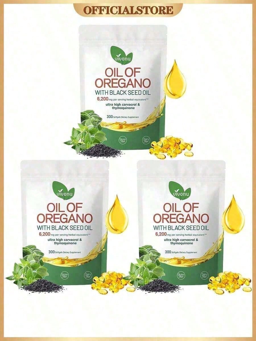 Vivonu Oil Of Oregano With Black Seed Oil Softgels| 6200mg Herbal Equivalent Per Serving| Ultra High Carvacrol & Thymoquinone| 300 Softgels| Gluten & Dairy Free