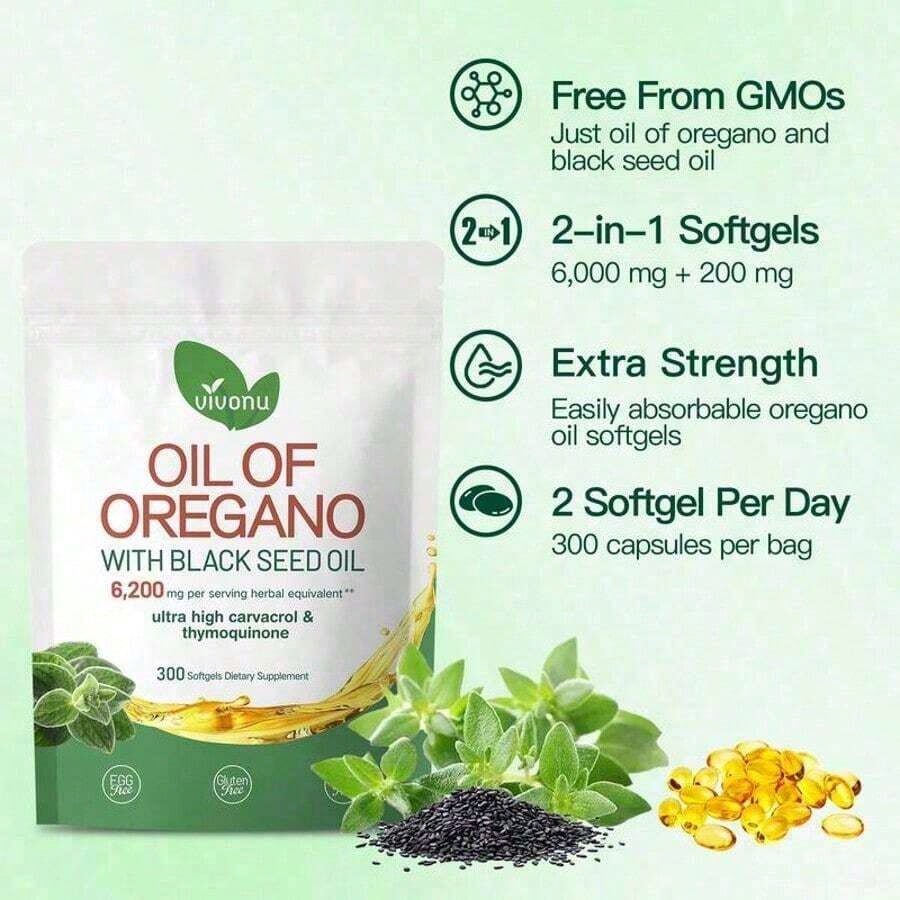 Vivonu Oil Of Oregano With Black Seed Oil Softgels| 6200mg Herbal Equivalent Per Serving| Ultra High Carvacrol & Thymoquinone| 300 Softgels| Gluten & Dairy Free