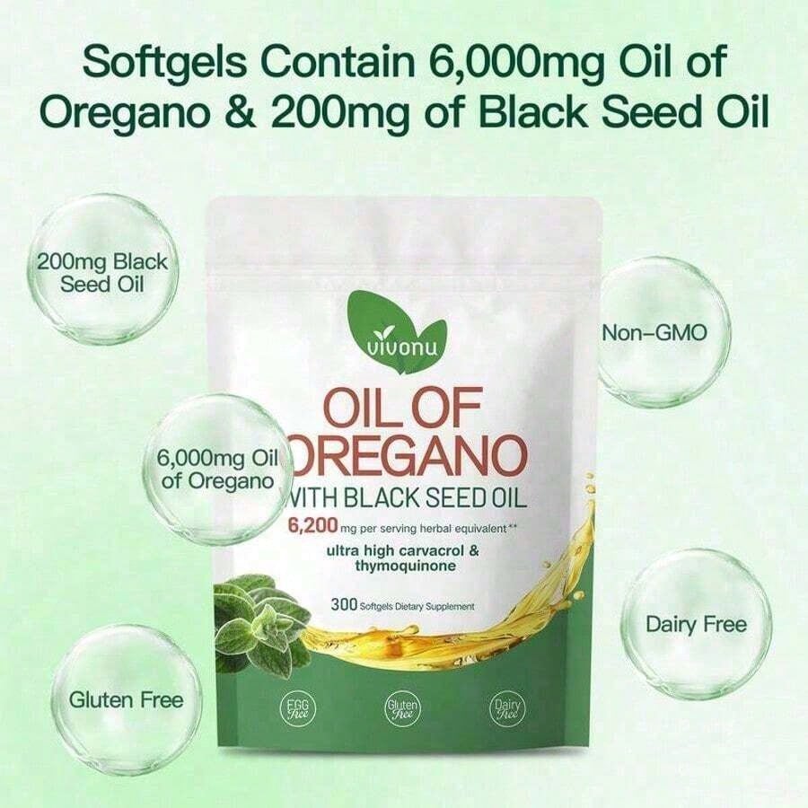 Vivonu Oil Of Oregano With Black Seed Oil Softgels| 6200mg Herbal Equivalent Per Serving| Ultra High Carvacrol & Thymoquinone| 300 Softgels| Gluten & Dairy Free