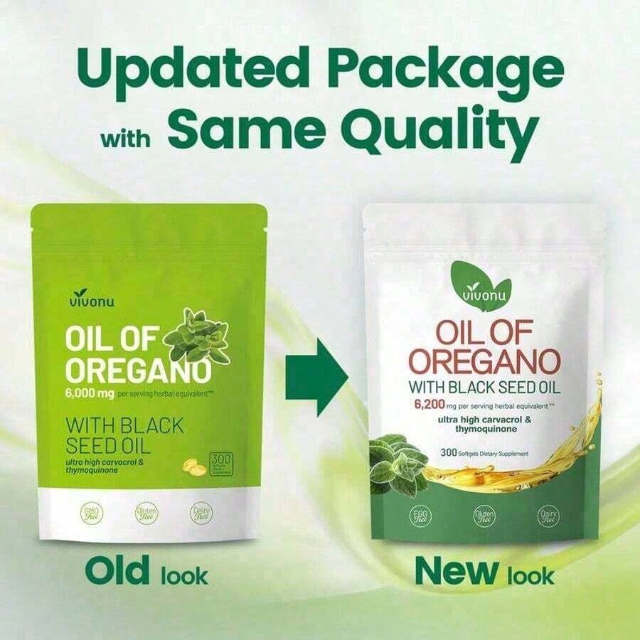 Vivonu Oil Of Oregano With Black Seed Oil Softgels| 6200mg Herbal Equivalent Per Serving| Ultra High Carvacrol & Thymoquinone| 300 Softgels| Gluten & Dairy Free