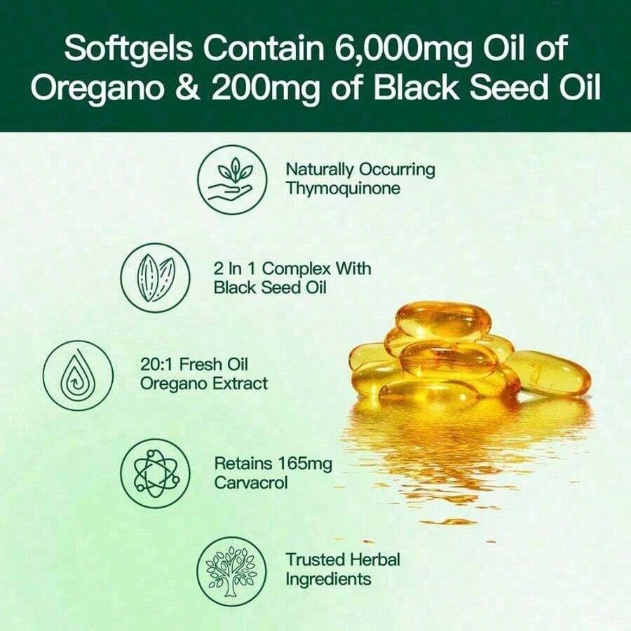 Vivonu Oil Of Oregano With Black Seed Oil Softgels| 6200mg Herbal Equivalent Per Serving| Ultra High Carvacrol & Thymoquinone| 300 Softgels| Gluten & Dairy Free