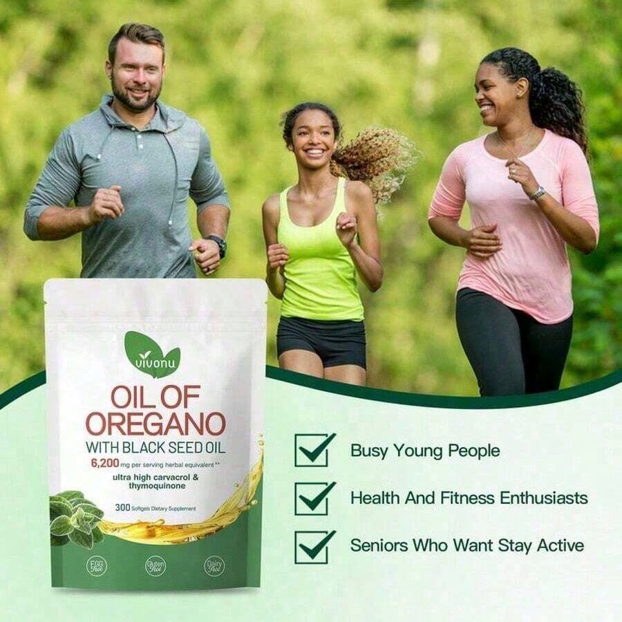 Vivonu Oil Of Oregano With Black Seed Oil Softgels| 6200mg Herbal Equivalent Per Serving| Ultra High Carvacrol & Thymoquinone| 300 Softgels| Gluten & Dairy Free