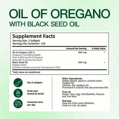 Vivonu Oil Of Oregano With Black Seed Oil Softgels| 6200mg Herbal Equivalent Per Serving| Ultra High Carvacrol & Thymoquinone| 300 Softgels| Gluten & Dairy Free