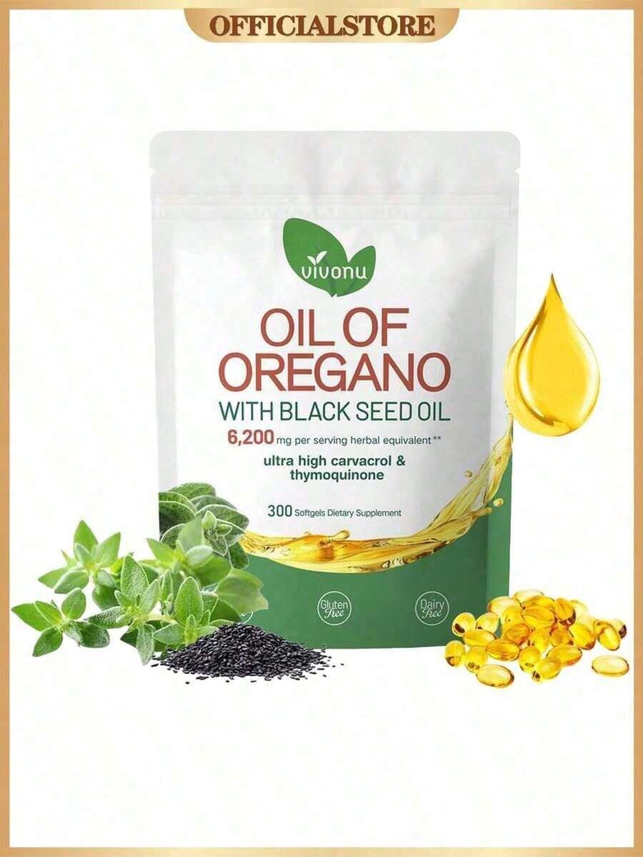 Vivonu Oil Of Oregano With Black Seed Oil Softgels| 6200mg Herbal Equivalent Per Serving| Ultra High Carvacrol & Thymoquinone| 300 Softgels| Gluten & Dairy Free