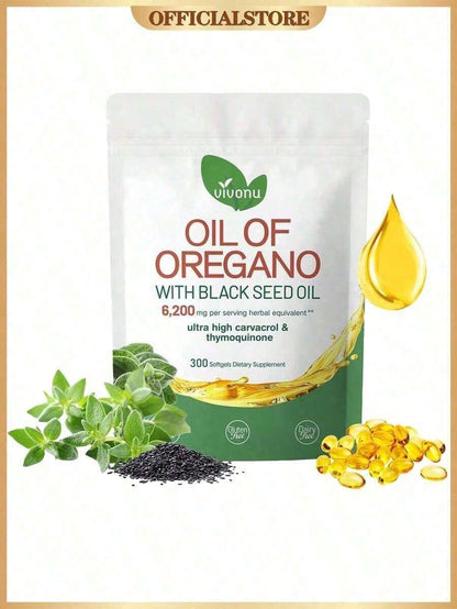 Vivonu Oil Of Oregano With Black Seed Oil Softgels| 6200mg Herbal Equivalent Per Serving| Ultra High Carvacrol & Thymoquinone| 300 Softgels| Gluten & Dairy Free
