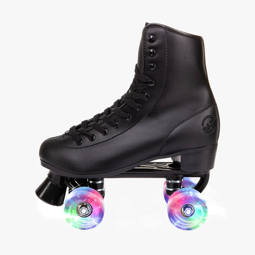 Black roller skates with colorful wheels on a white background