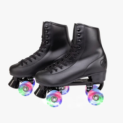 Black roller skates with colorful wheels on a white background