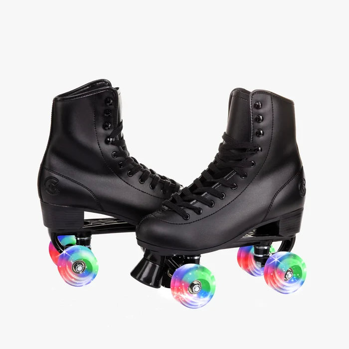 Black roller skates with colorful wheels on a white background
