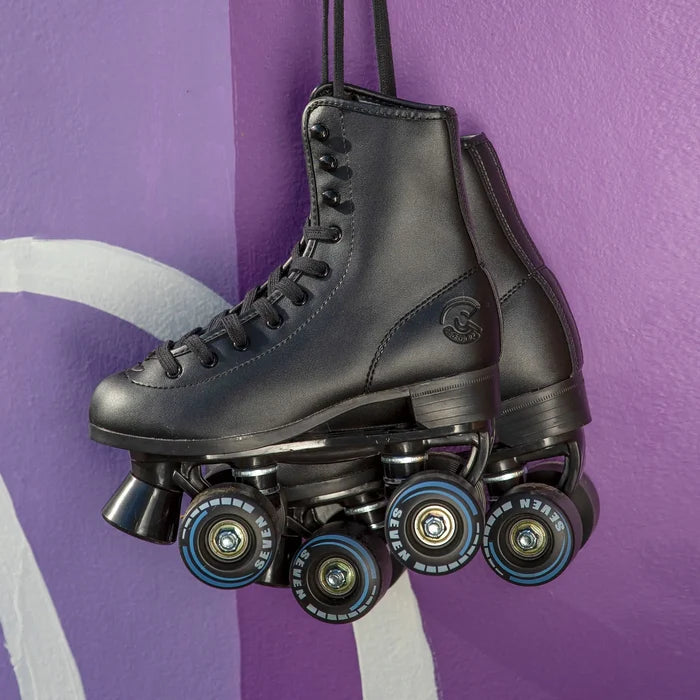 Black roller skates with blue wheels on a purple background