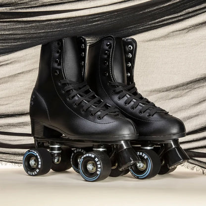 Pair of black roller skates on a neutral background