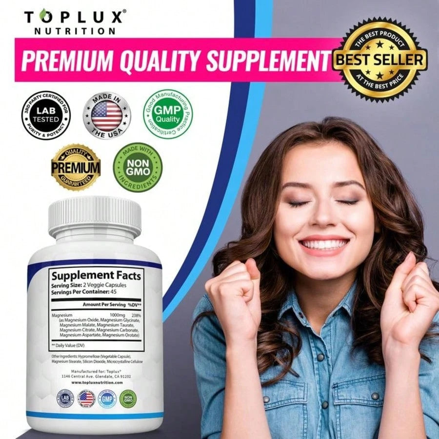 VPOAJ Magnesium Complex 1000mg Capsules – 2 Pack Value Set, Advanced Magnesium Supplement For Sleep, Muscle & Bone Support, 90 Capsules Each