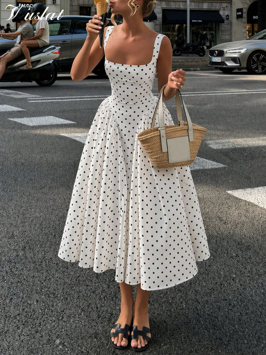 Vusalt Women's Summer French Fresh Light Yellow & White Small Plaid Square Neck Wide Strap Gathered Full Skirt Knee-Length Midi Dress