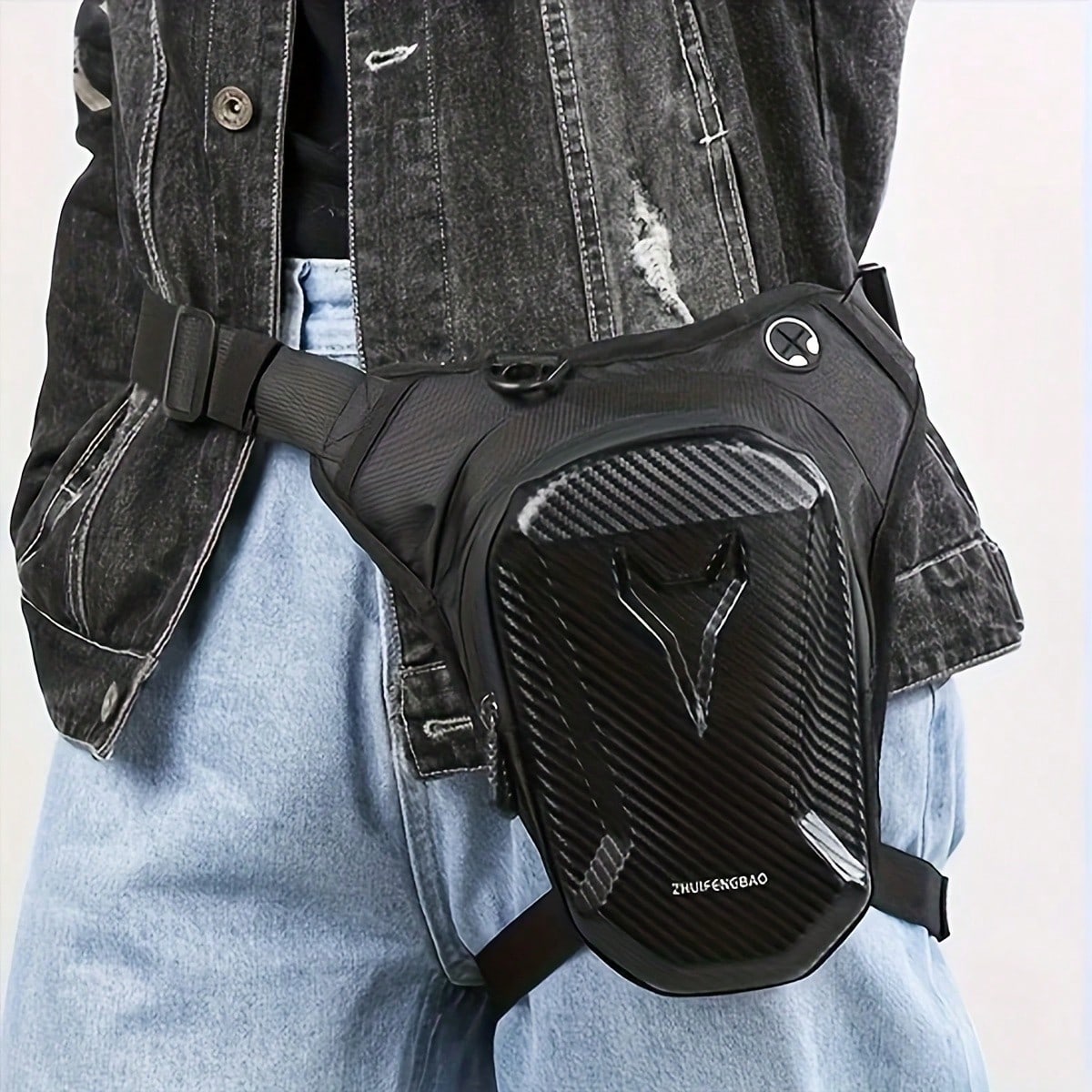 Waterproof Motorcycle Leg Bag With Headphone Jack, Adjustable Shoulder Strap And Double Zipper Compartment- Black EVA Outdoor Riding Waist Bag For Off-Road Bikes And Motorcycles, Adjustable Shoulder