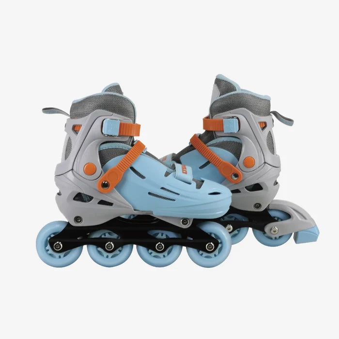 Pair of gray and light blue inline skates with orange accents on a white background