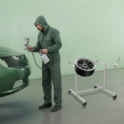 Wheel Paint Stand Rack, Heavy Duty Wheel Rim Painting Stand, Mobile Grey Carbon Steel Wheel Paint Stand With Lockable Casters, 300LBS Load Convertible Auto Body Panel Spray Support Stand For Auto Repa