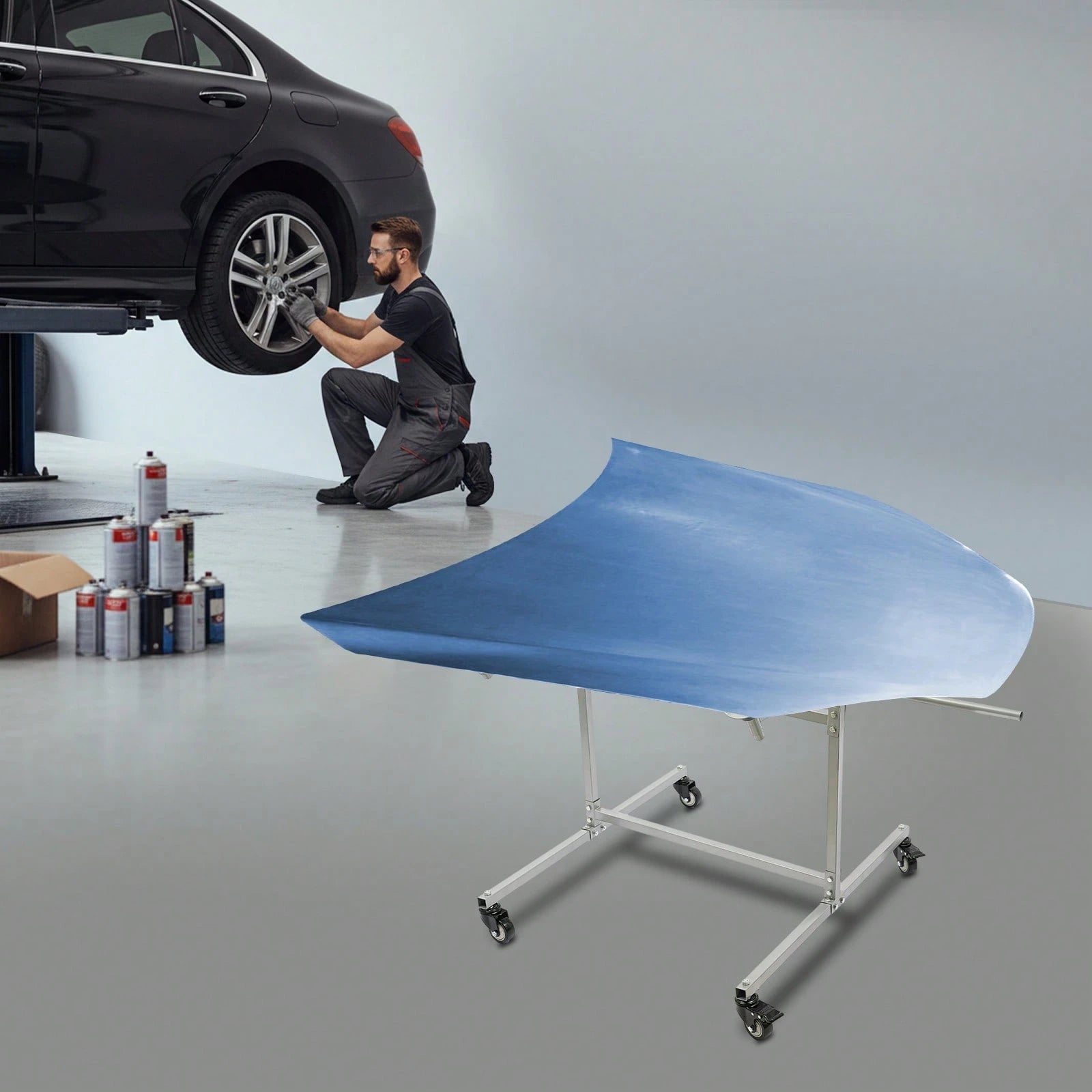 Wheel Paint Stand Rack, Heavy Duty Wheel Rim Painting Stand, Mobile Grey Carbon Steel Wheel Paint Stand With Lockable Casters, 300LBS Load Convertible Auto Body Panel Spray Support Stand For Auto Repa