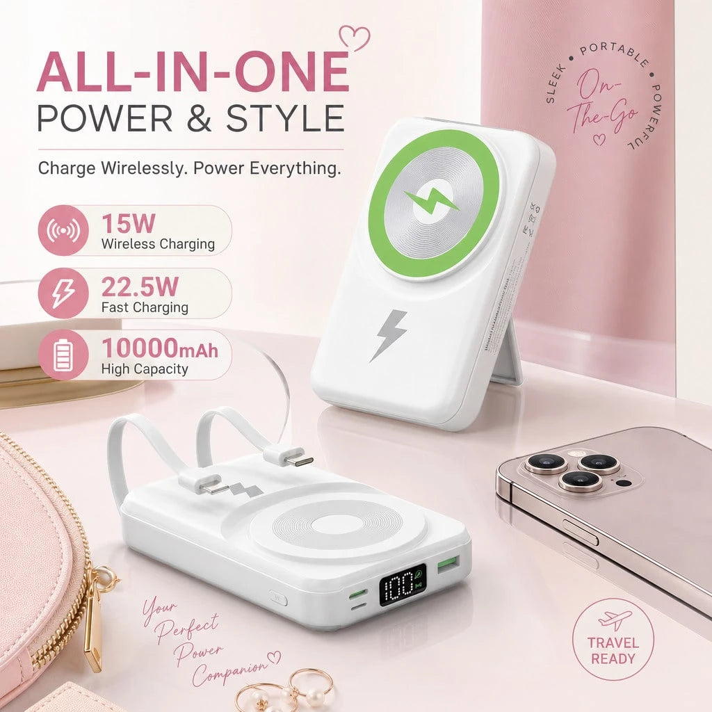 White 10000mAh Magnetic Wireless Battery Pack With 15W Output And 22.5W Fast Charging, Featuring An LED Power Readout, Slim White Shell And Rear Stand For Hands-Free Viewing, Made For Magnetic-Ready P