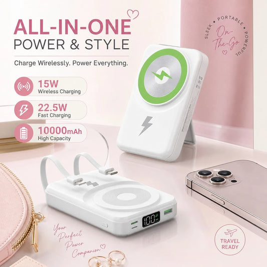 White 10000mAh Magnetic Wireless Battery Pack With 15W Output And 22.5W Fast Charging, Featuring An LED Power Readout, Slim White Shell And Rear Stand For Hands-Free Viewing, Made For Magnetic-Ready P