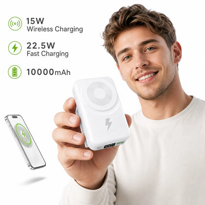 White 10000mAh Magnetic Wireless Battery Pack With 15W Output And 22.5W Fast Charging, With Percentage Battery Screen, White And Green Styling And Adjustable Hands-Free Stand, Designed For IPhone 16 T