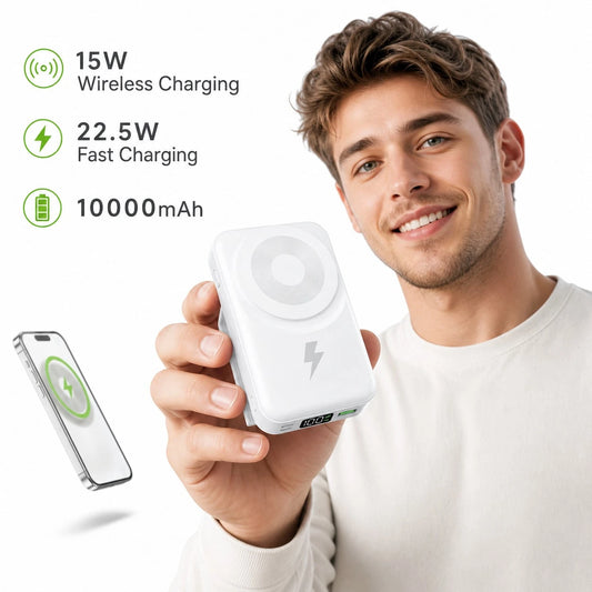 White 10000mAh Magnetic Wireless Battery Pack With 15W Output And 22.5W Fast Charging, With Percentage Battery Screen, White And Green Styling And Adjustable Hands-Free Stand, Designed For IPhone 16 T