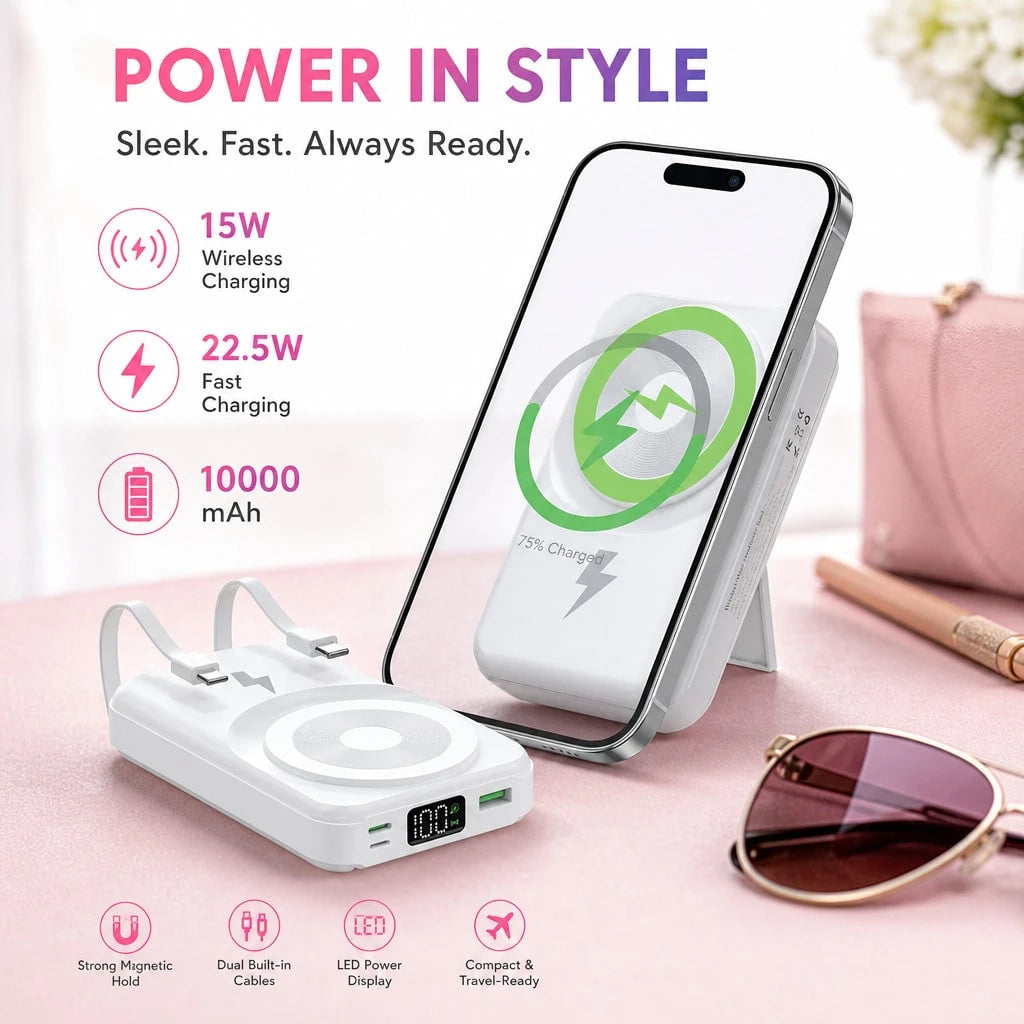White 10000mAh Magnetic Wireless Battery Pack With 15W Output And 22.5W Fast Charging, With Clear Remaining-Power Screen, Green Magnetic Ring And Adjustable Folding Support, Suited To 16, 15, 14, 13