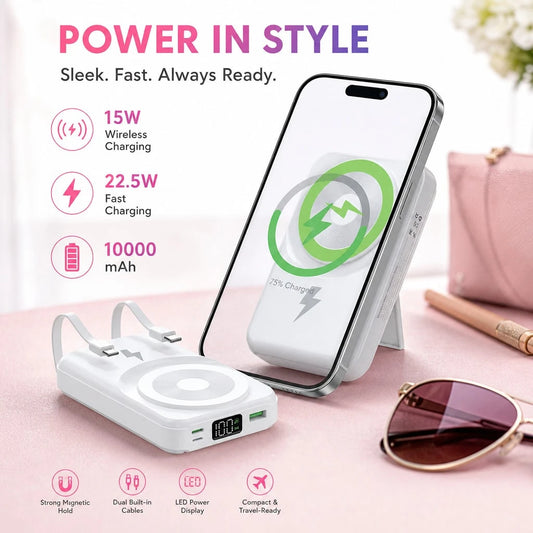 White 10000mAh Magnetic Wireless Battery Pack With 15W Output And 22.5W Fast Charging, With Clear Remaining-Power Screen, Green Magnetic Ring And Adjustable Folding Support, Suited To 16, 15, 14, 13