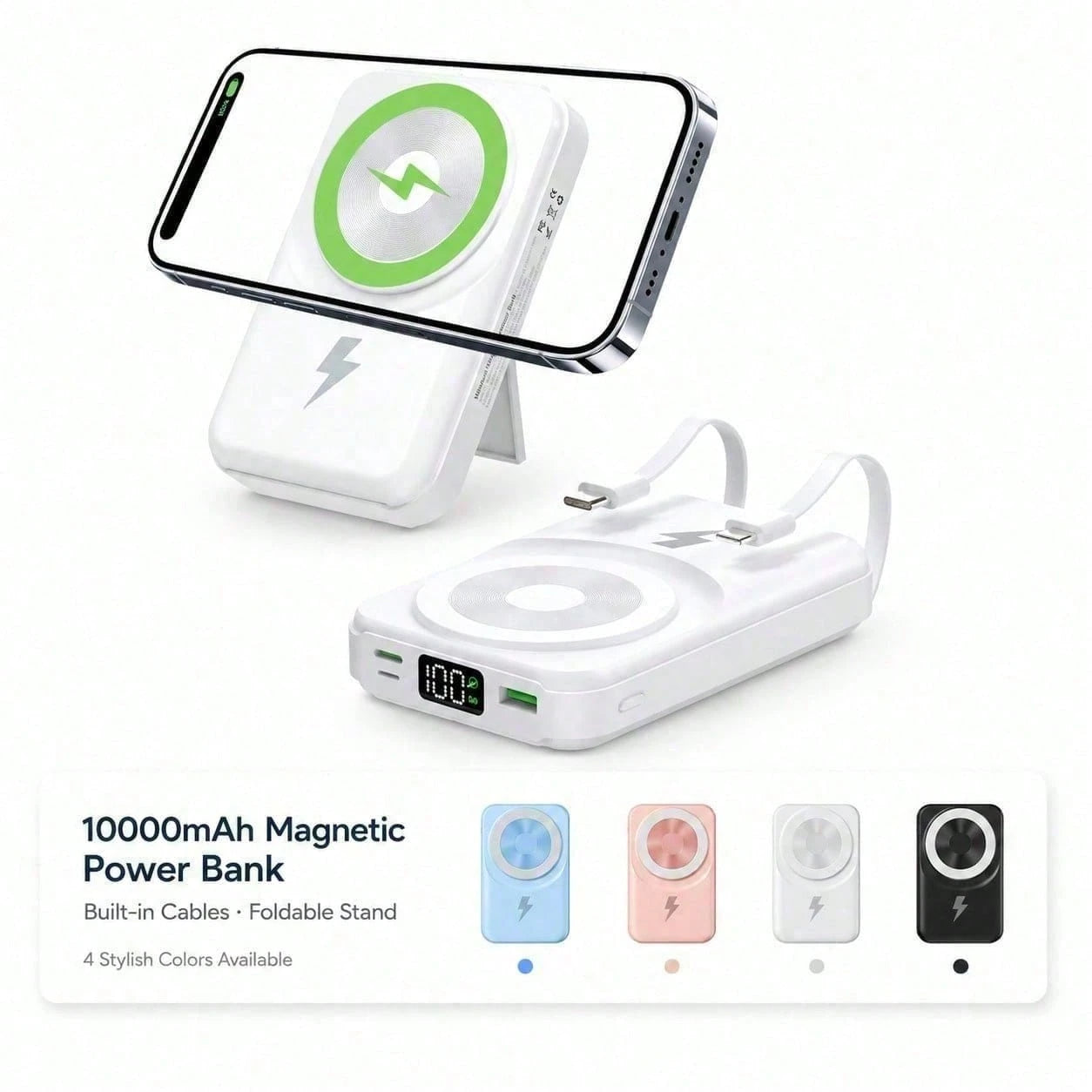 White 10000mAh Magnetic Wireless Battery Pack With 15W Output And 22.5W Fast Charging, Featuring An LED Power Readout, Slim White Shell And Rear Stand For Hands-Free Viewing, Made For Magnetic-Ready P
