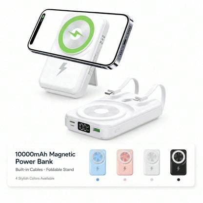 White 10000mAh Magnetic Wireless Battery Pack With 15W Output And 22.5W Fast Charging, With Percentage Battery Screen, White And Green Styling And Adjustable Hands-Free Stand, Designed For IPhone 16 T