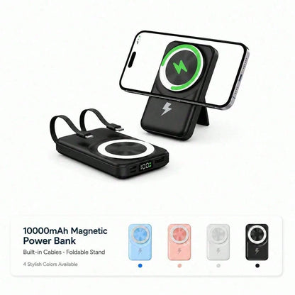 White 10000mAh Magnetic Wireless Battery Pack With 15W Output And 22.5W Fast Charging, Featuring An LED Power Readout, Slim White Shell And Rear Stand For Hands-Free Viewing, Made For Magnetic-Ready P